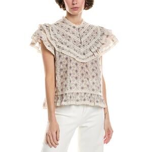 Sea NY Womens Designer Tan Purple Floral Victorian Yvonne Top Medium